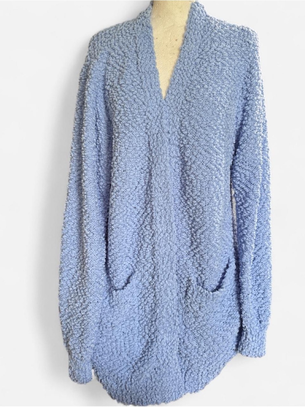 Zenana Plush Popcorn-Knit Open Cardigan in Light Blue